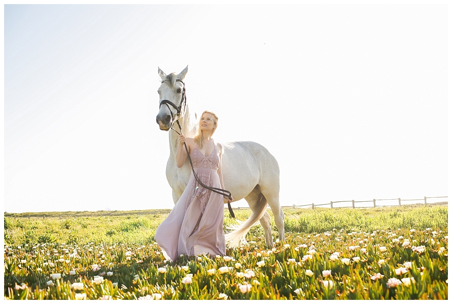 Woman in pink dress with white horse