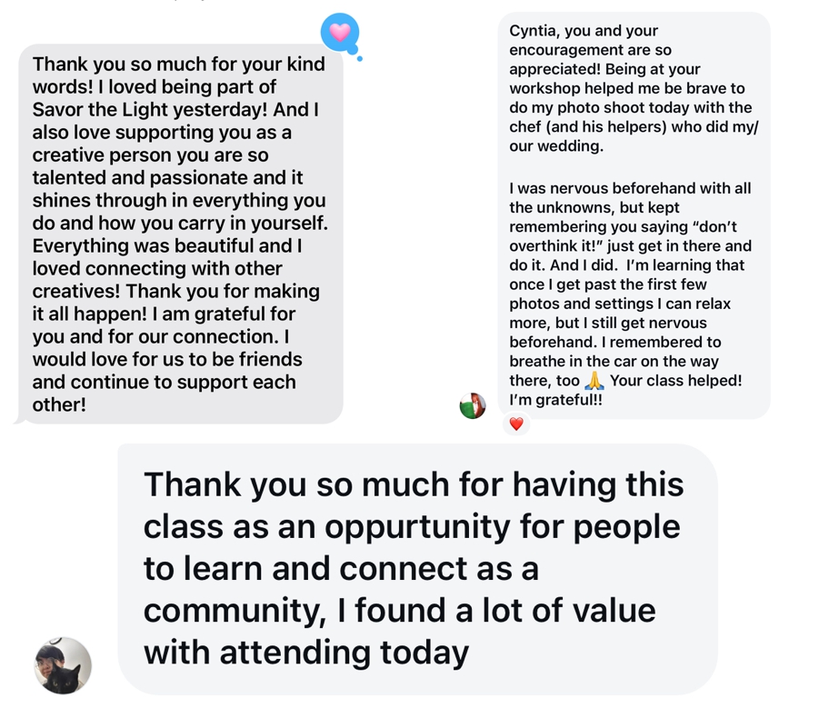 Collage of participant testimonials from the Savor The Light natural light food photography workshop in San Francisco, highlighting transformative experiences, creative growth, and community connection.
