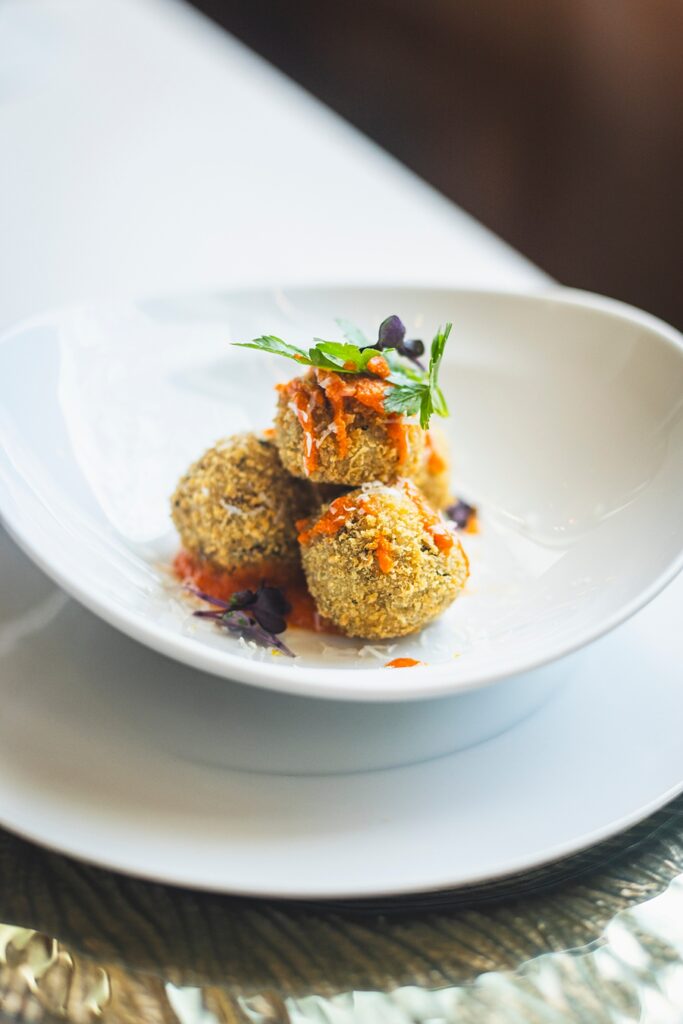 Beautifully plated mini arancini, food photography by Cyntia Apps, San Francisco Bay Area.