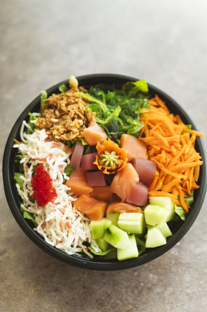Natural light poke bowl food photography for Ginza Eats, showcasing fresh sushi-grade fish and vibrant ingredients